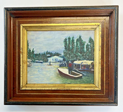 Original Oil Painting River Lake Boats 1900’s Victorian Deep Well Walnut Frame