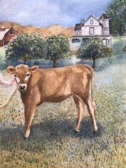 WATERCOLOR 14×14 ART ORIGINAL Framed Farm Cottage Farm Barn People Landscape Art
