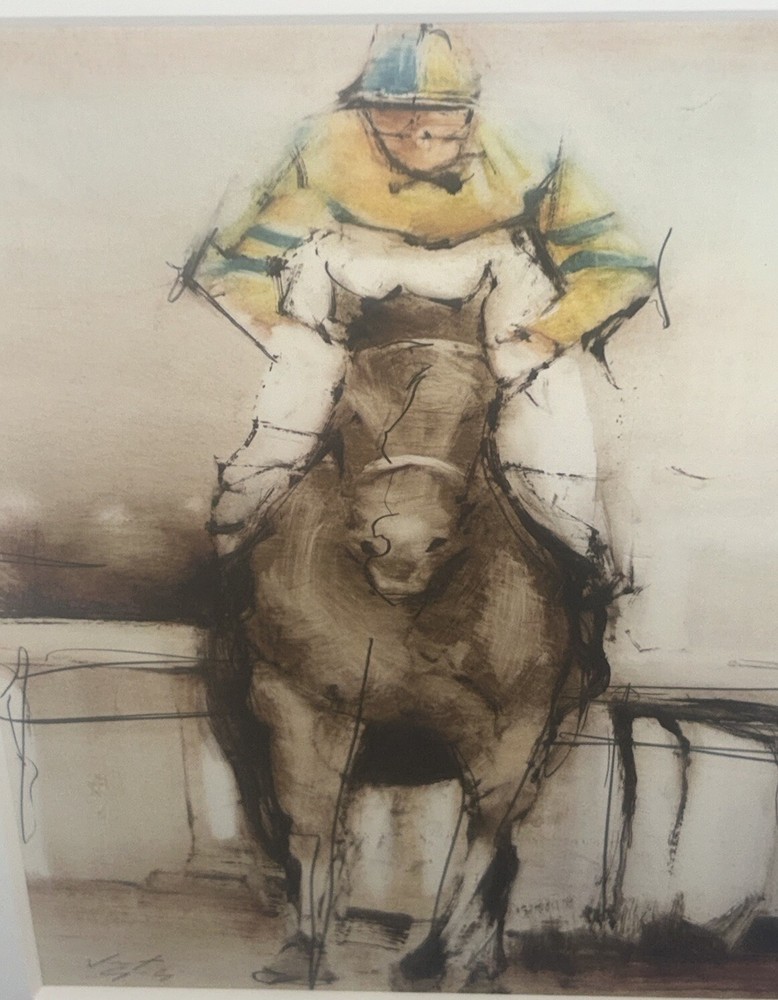 Original Vincent George Jockey Riding Horse Watercolor 17 5/8”W 21 5/8”T Framed