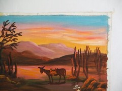 Vintage Hand Painted Peruvian Painting of a Landscape w Mountains, Cacti, Donkey