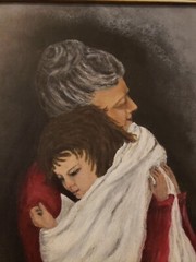 Vintage Oil Painting Grandmother Holding Granddaughter 1963 Signed