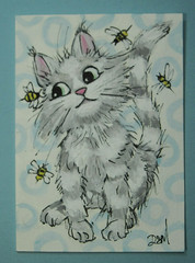 Cats whimsical Aceo Bumble Bees Title:BUZZ BUZZ kitty watches bees ORIGINAL ooak