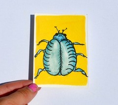 ACEO Original Art Card Blue Beetle Yellow Background Painting Watercolor & Ink