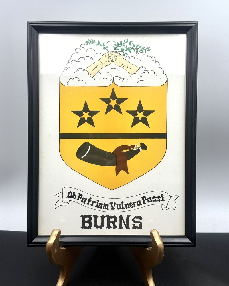 Beautiful Vintage Hand Painted BURNS Family Crest & Coat Of Arms 9” x 12”