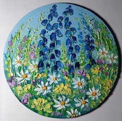 Meadow Flowers Daisies Bells Art Round Canvas 6×6” Impasto Oil Painting Original