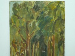 Vintage 1972 Signed Oil Painting, Figures in the Forest, Signed Ridi, 72 x 38 cm