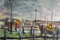 American or European modernist seaside seascape painting maritime sailboats 1963