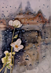 Watercolor Painting White Flowers Rainy Window A4 Romantic Urban Wall Art