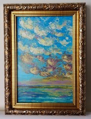 Framed Sunset Clouds Calm Seascape Evening Sky Art 4×6″ Original Oil Painting