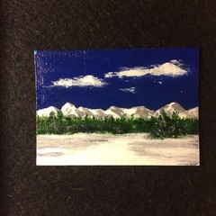 ACEO Original Acrylic Landscape Painting Mountains Snow Trees Blue Sky Clouds