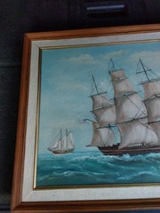 Vintage Original Oil Painting Clipper Ship Tall Sails Nautical Framed 16×20
