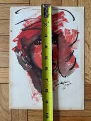 Vintage 1970s Abstract Watercolor Painting Red Black Portrait Woman 7 x 9.5