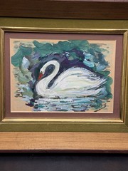 Vintage MCM Signed A. Shwarts Oil Painting Wall Art Swan On The Lake Framed