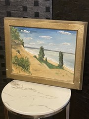 Vtg GOLDEN SAND BEACH UNDER BLUE SKY, original oil painting, unsigned Original