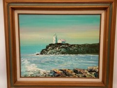 ORIGINAL LIGHTHOUSE PAINTING SIGNED RICHARD NELSON CANVAS OREGON ARTIST 23X27