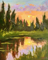 Sunset Forest Oil Painting Original Impasto Fine Art VICTORIA MAC 10×8″