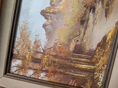 Vtg Landscape Oil Painting Artist Signed Autumn Forest River Chunky Wood Frame