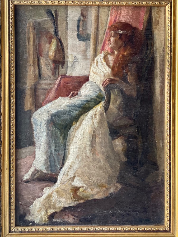 PORTRAIT OF SARAH BERNARDT AT THE THEATER SIGNED S. B. FRENCH OIL PANEL 19th