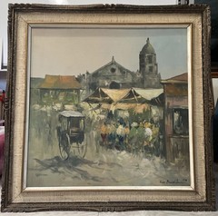 Orig1970CESAR BUENAVENTURA OIL PAINTING 37″FILIPINO IMPRESSIONISM STREET SCENE