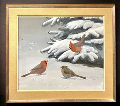 Original Bird Art Painting Cardinals by Robert Verity Clem, Signed, 1956, Framed