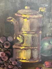 Vintage Mid-Century Original Still Life Pears & Pewter Oil Painting 16×20”