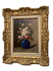 EARLY 20th SIGNED – FRENCH IMPRESSIONIST OIL – BOUQUET OF ROSES IN A BLUE VASE