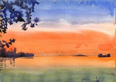 Quiet Sea – SandraWatercolors™ ORIGINAL Watercolor Sunset Seascape 12×16