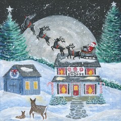 OrIgInAl Acrylic FoLk ART PaInTiNg WooD SanTa ReiNdEEr DeeR ChRiStMaS EvE SnOw