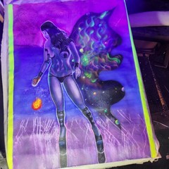 Purple cyborg pinup woman art trippy dreamworld space bikini uv glow goth portal