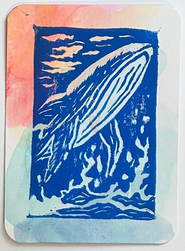 aceo original art by Emily Beck, Whale Print 10, linocut, watercolor 2.5×3.5″