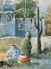 90’s 16×20 Signed Oil Painting ‚W. Zeller‘ Southwest/Adobe Houses Cactus Desert