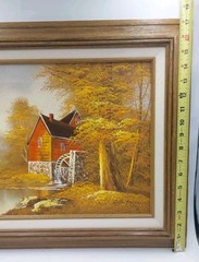 Vintage MCM Original Robert Moore Oil Painting of Old Mill in Autumn – Framed