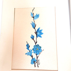 Two Flower Paintings Artist Signed Purple Iris Blue Branch Matted 7×9 Inches