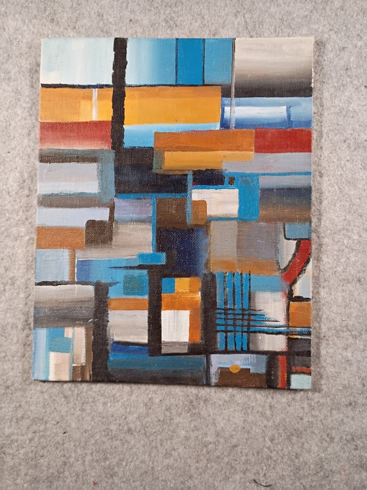 Original Vintage Modern Geometric 80s 90s Acrylic Painting on Canvas Board 8×10″