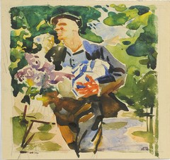 Anatoli Dovzhenko (1932-1991) „Happy father“, watercolor, 1960s