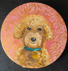 Cute Poodle Portrait Original Dog Art on Round Canvas Small Pet Artwork