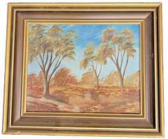 F Fisher Original Landscape Painting Textured Scratch Style Framed Vintage Art