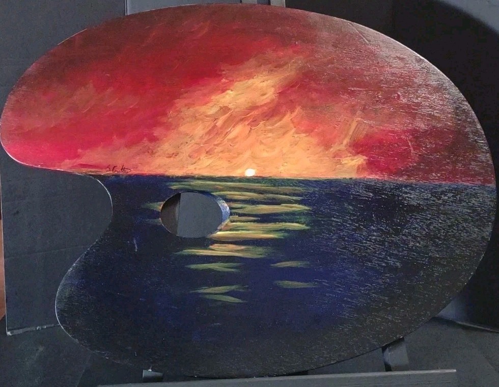Vintage Painted Ocean Sunset On Wooden Palette Signed & w/Inscription On Back
