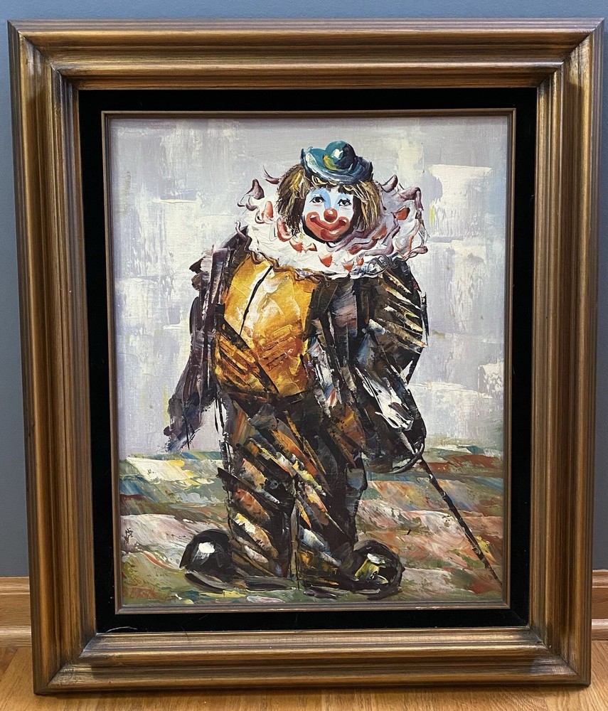 Vintage B. Bradbury Signed Circus Clown Oil Painting 23×27 Framed Artwork Art