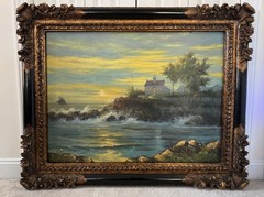50×40″ Ornate Baroque Giltwood & Black Enamel Frame w/Oil on Canvas Painting