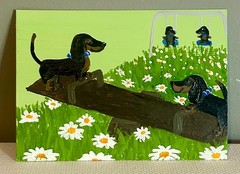 ACEO Original Acrylic Painting by Annelisek.art, Dogs on Playground, 2.5 X 3.5in