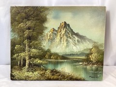 Original landscape oil painting Forest Mountain River Scene by Furke 16×20