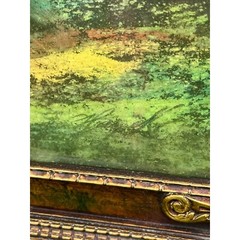 Antique Large Pastel Chalk Painting Mountain Lake Scene Gold Frame 32.5×20.5″