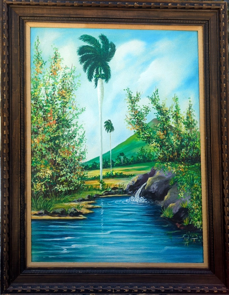 Vintage Cuban Folk Art Landscape Painting Tropical River Palm Trees Acrylic/Boar