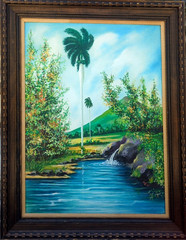 Vintage Cuban Folk Art Landscape Painting Tropical River Palm Trees Acrylic/Boar