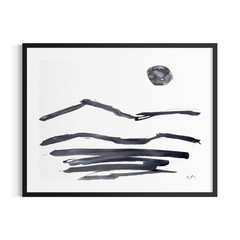 Original Minimalist 9×12 Mountain Landscape Signed Black White Art Paper Decor