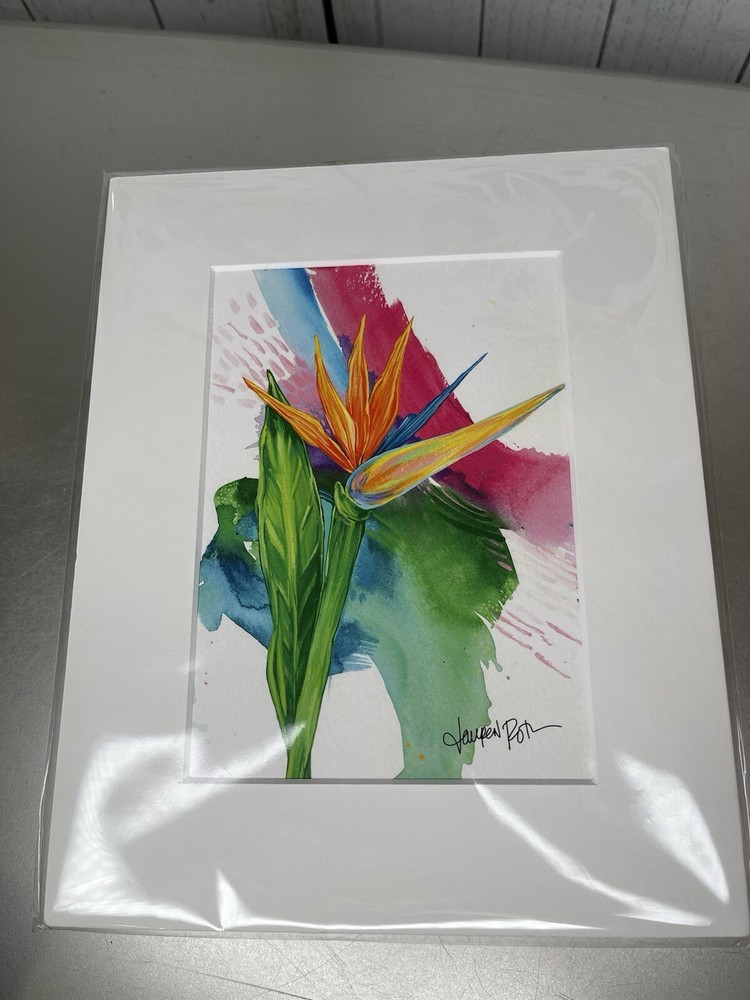 Hawaiian Painting Print Bird Of Paradise Flower Signed Matted 8×10