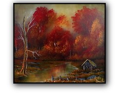 Original Acrylic Landscape Painting 12×14″ AUTUMN CABIN RETREAT Wall Art