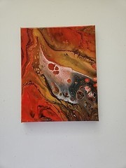Abstract, original, Acrylic paint pouring painting, red and gold 8×10 in