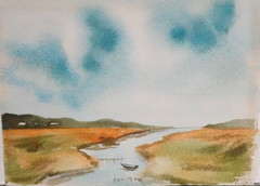 DON HERN BOAT ON THE RIVER MINATURE WATERCOLOR LANDSCAPE PAINTING